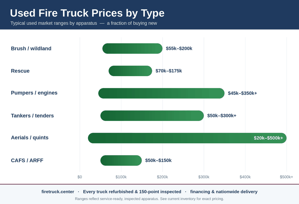 Used fire truck cost ranges by type — pumpers, aerials, tankers, brush and rescue — Fire Truck Center