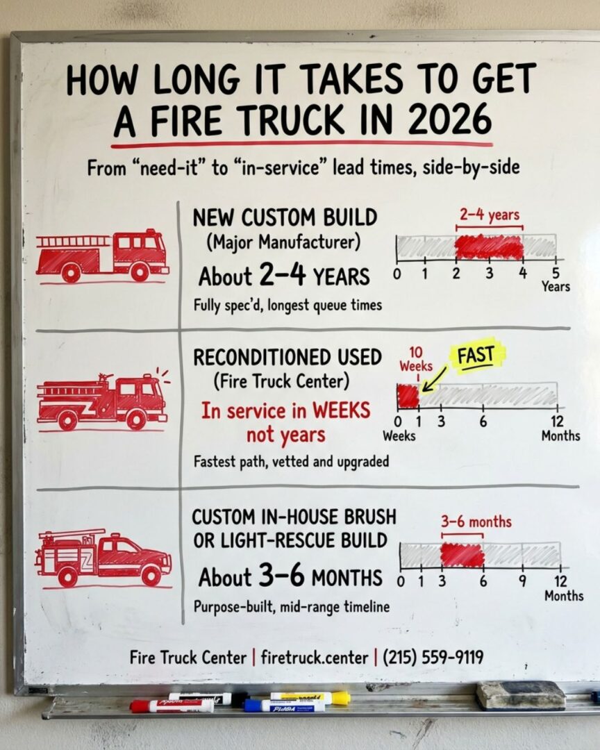 Fire truck lead time comparison for 2026: a new build takes about 2 to 4 years, a reconditioned used truck ships in weeks, and a custom in-house build takes about 3 to 6 months.
