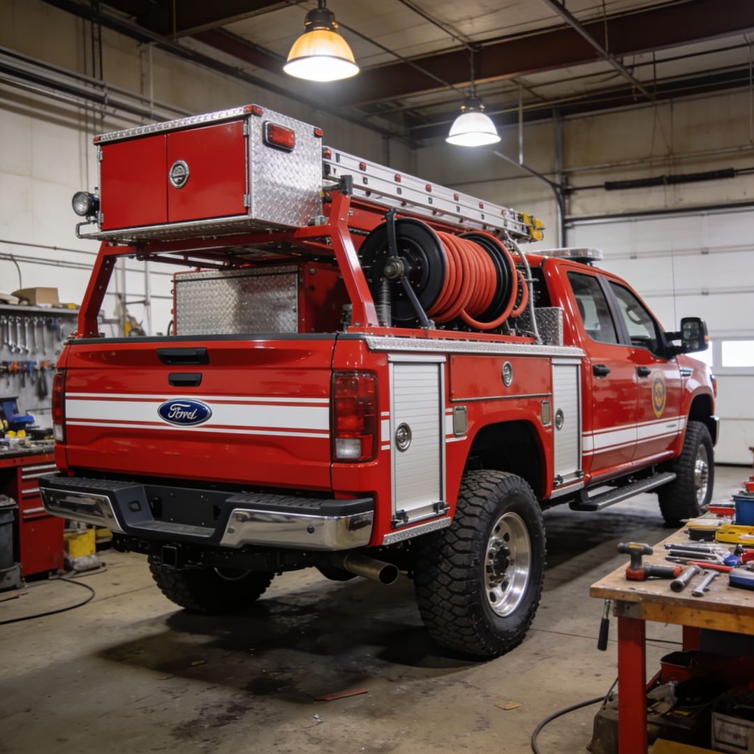 Newly built red 4x4 brush fire truck on a Ford chassis with skid unit and compartments inside a build shop