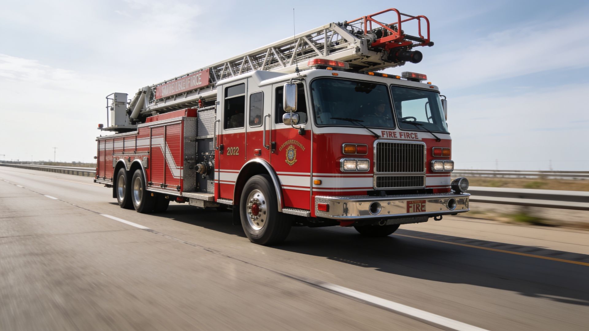 Red aerial ladder fire truck being driven on a highway during nationwide delivery to a fire department