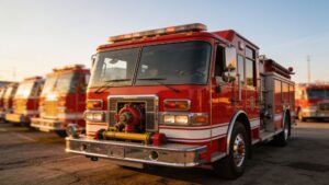 Reconditioned red fire engine parked service-ready on a used fire apparatus dealer lot with other fire trucks behind it