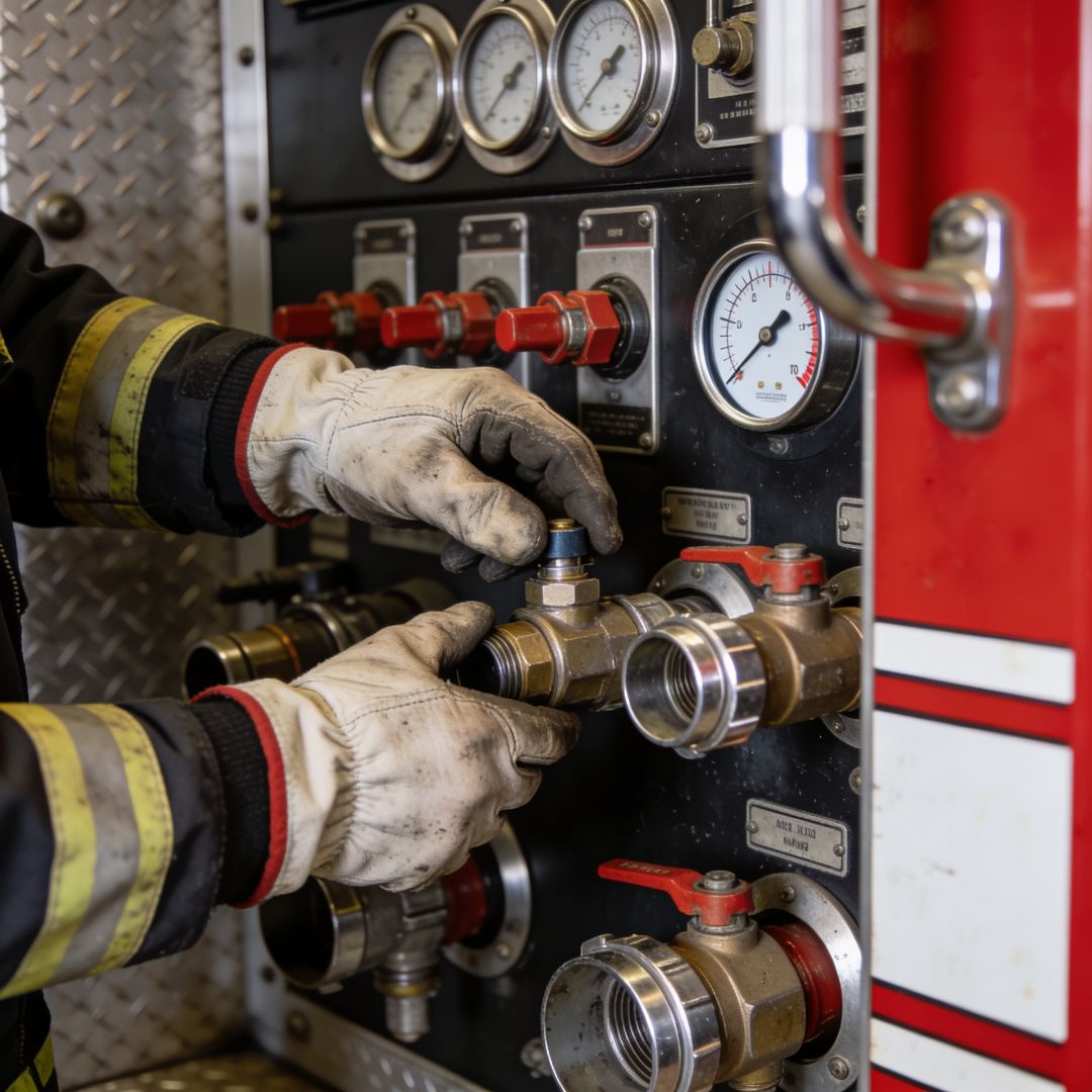 Technician inspecting the pump panel gauges and valves of a used fire engine during a pump test